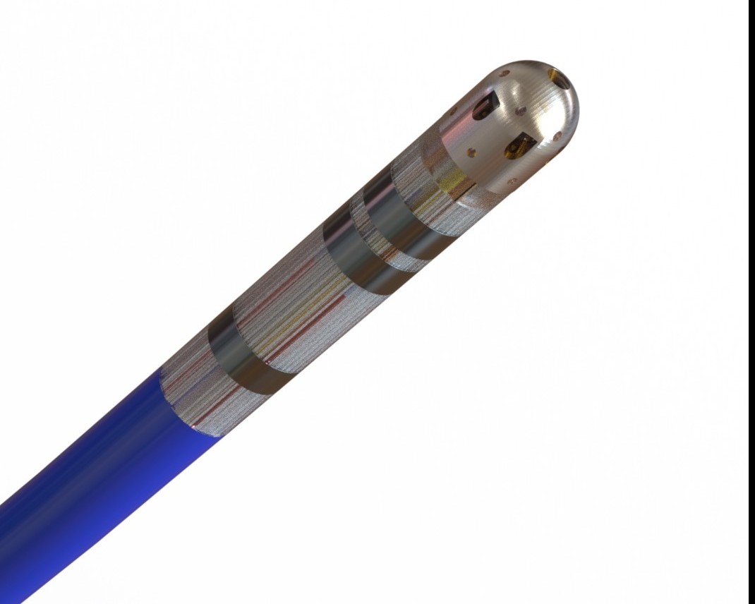 Close render of the AblaView dual-energy catheter tip with integrated optical apertures.